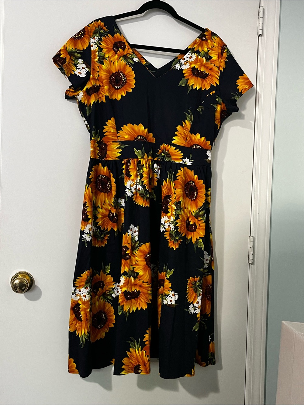 Sunflower Print Fit & Flare Dress - Black and Yellow